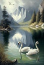 Pair of swans enjoy the surface of the lake.AI generated Royalty Free Stock Photo