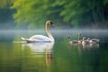 a pair of swans teaching their cygnets to swim on a calm lake Royalty Free Stock Photo