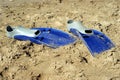 Pair of swimfins on the sand at sea