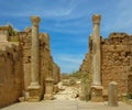 A pair of tall columns against stone walls under a blue sky at ancient Roman ruins of Leptis Magna in Libya Royalty Free Stock Photo