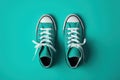 Pair of Teal Colored Sneakers with White Laces on Turquoise Background, Generative AI Royalty Free Stock Photo