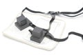Pair of tefilin and Tallit A symbol of the Jewish people, a pair of tefillin with black straps, on a white background, wi