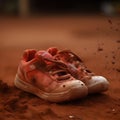 A pair of tennis shoes covered in red clay after a hard-f one created with generative AI