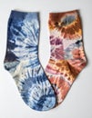 Pair of Tie Dye Socks in Blue Brown and Purple Royalty Free Stock Photo