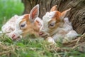 pair of tiny goats napping in the grass, their legs intertwined