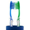 Pair of toothbrushes in blue plastic cup isolated over white background Royalty Free Stock Photo