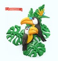 Pair of toucans and tropical leaves. Summer time concept. 3d vector. Plasticine art illustration Royalty Free Stock Photo