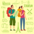 Pair of tourists with backpacks and map.