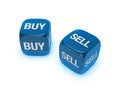 Pair of translucent blue dice with buy, sell sign Royalty Free Stock Photo