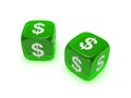 Pair of translucent green dice with dollar sign