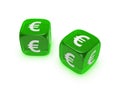 Pair of translucent green dice with euro sign