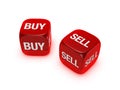 Pair of translucent red dice with buy, sell sign