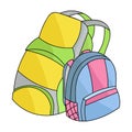 Pair of travel backpacks icon in cartoon style isolated on white background.