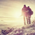 Polsko Pair of travelers on peak trail. Two photographers, a man and woman Royalty Free Stock Photo