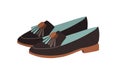 Pair of trendy fashion loafer shoes decorated with tassels. Modern women's footwear with low heel. Colored flat vector