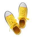 Pair of trendy sneakers on white, top view Royalty Free Stock Photo