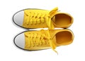 Pair of trendy sneakers on white, top view Royalty Free Stock Photo