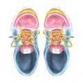 A pair of trendy sneakers top view. Multi-colored shoes for sports, jogging, fitness. Watercolor illustration. Hand
