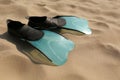 Pair of turquoise flippers with water drops on sand, closeup Royalty Free Stock Photo
