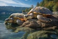 pair of turtles sunbathing on a rock