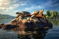 pair of turtles sunbathing on a rock