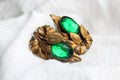 Pair Of Two Antique Dress Clips Brooches Hairpins with Flower Leaves Motif Brass with Bright Green Crystal Faceted Glass Vintage