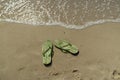 Pair, two of men`s beach slippers on the sand Royalty Free Stock Photo