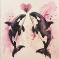 Orca whales love hearts watercolor Royalty Free Stock Photo