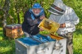Pair of Ukrainian bee-keepers at work place Royalty Free Stock Photo