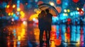 A pair under an umbrella, their reflections shimmering on rain-slicked streets, splashes of color from umbrellas Royalty Free Stock Photo