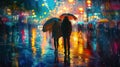 A pair under an umbrella, their reflections shimmering on rain-slicked streets, splashes of color from umbrellas Royalty Free Stock Photo
