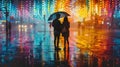 A pair under an umbrella, their reflections shimmering on rain-slicked streets, splashes of color from umbrellas