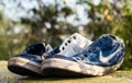 A pair of used Nike sneakers, dump somewhere on a mountain road. Nike blue sneakers