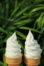 Pair of vanilla soft serve ice cream cones in the sunlight, with green foliage in background