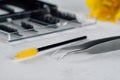 Various tools for eyelash extension, brush and tweezers, lying on table in front of palette of artificial cilia.