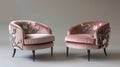 A pair of velvet armchairs in a dusty rose hue accented with delicate Art Deco embroidery in shades of silver and ivory