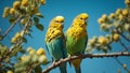 Pair of vibrant budgerigars commune on a branch under the clear blue sky