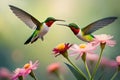 A pair of vibrant hummingbirds hovering around a cluster of exotic flowers