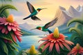 A pair of vibrant hummingbirds hovering around a cluster of exotic flowers