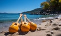 Two Orange Guitars on Sandy Beach Royalty Free Stock Photo