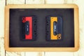 Pair of vintage audio cassettes over a black chalkboard Royalty Free Stock Photo