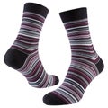 A pair of voluminous black socks with burgundy and white stripes of different thicknesses, on a white background