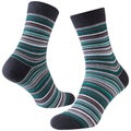 A pair of voluminous gray socks with green and white stripes of different thicknesses, on a white background