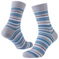 A pair of voluminous light gray socks with blue, brown and white stripes of different thicknesses, isolate Royalty Free Stock Photo