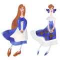 Pair of watercolor girls in blue dresses. Isolated illustration. Clipart. Raster illustration for packaging, greeting cards and