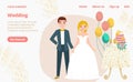 Pair wedding character in suit, modern style postcard, couple lover marry landing page concept flat vector illustration Royalty Free Stock Photo