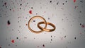 Pair of wedding gold rings on a background of falling hearts. 3D render Royalty Free Stock Photo