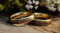 Pair wedding rings on wood with small flowers. Generative Ai