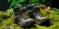 A Pair Of Welltraveled Touristic Boots Finds Rest Amidst Lush Moss