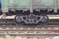 A pair of wheels of a freight train close up